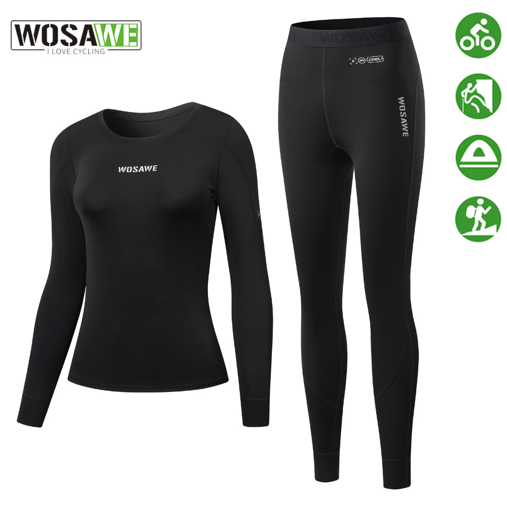Compression Long Pant - WOSAWE レディース サイクリング用インナー、速乾性ベースレイヤー、長袖インナー上下セット、コンプレッション素材のトラックスーツ、タイツセット、スノーボード用トップスとパンツ。