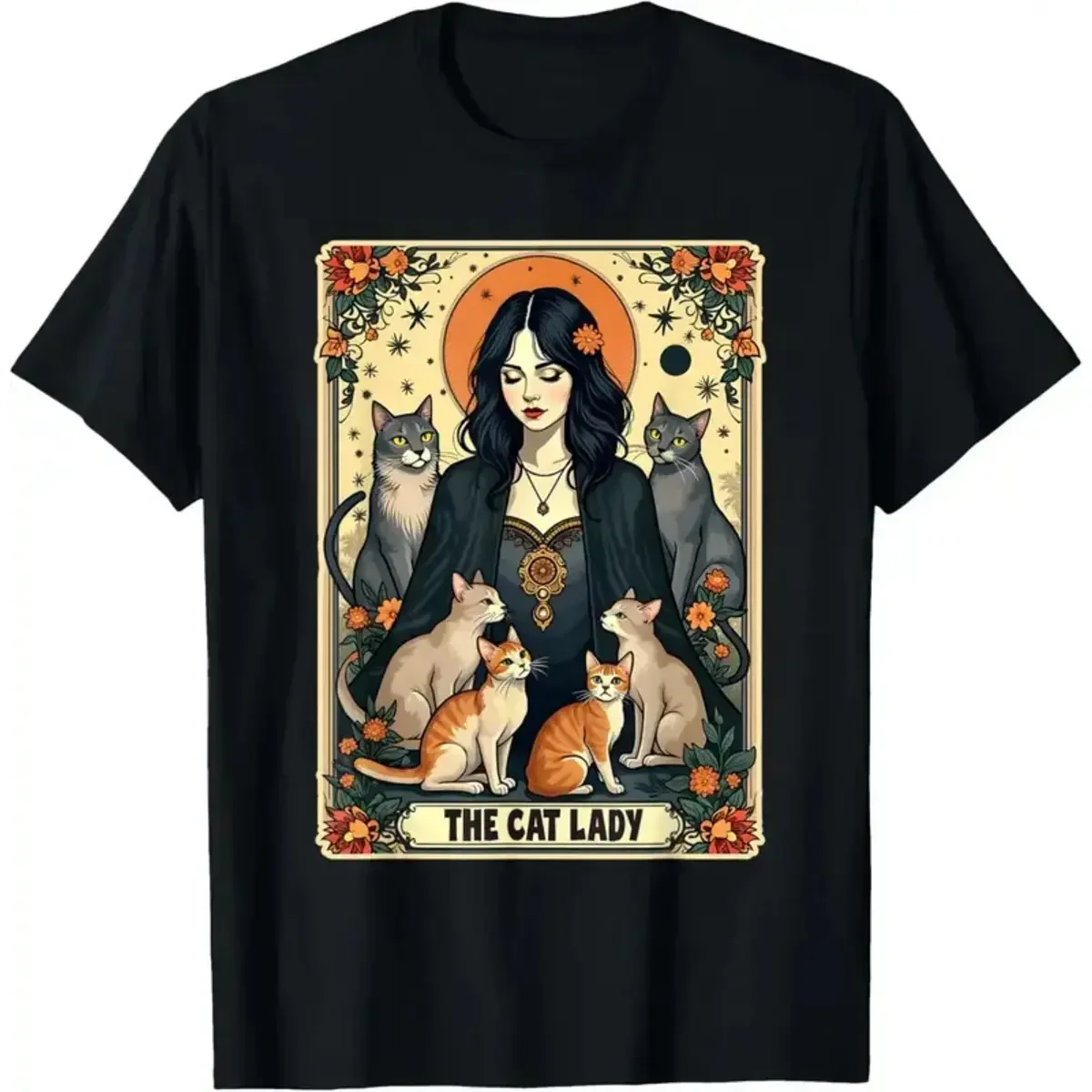 Undershirt Crew Neck - ユニセックス「猫好きの女性」タロットカード柄Tシャツ。女性向け、魔女風、ゴシック、猫好きママ向け。ユニークなグラフィックTシャツ、面白いTシャツ、インナー、カジュアルなストリートウェア、定番のシンプルなデザイン、男女兼用、半袖、クルーネック。